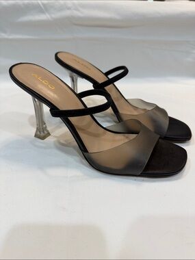 Aldo Black Sheer-Strap Clear-Heel Mules size 10
